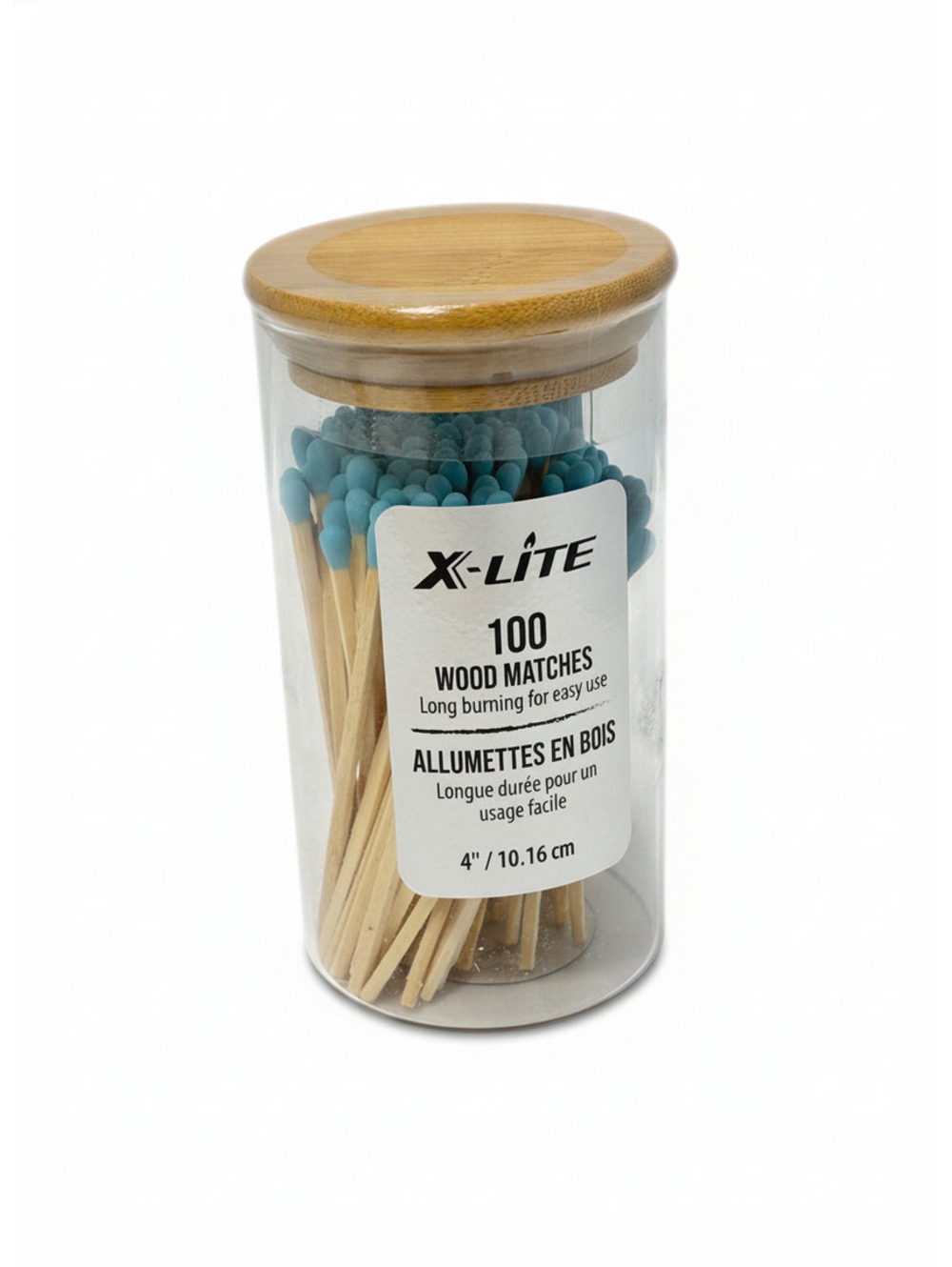 X-Lite 100 Wood Matches with Blue Tips in Glass Jar with Bamboo Lid, 4 Inch Long